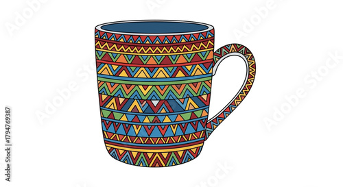 Vibrant handcrafted mug illustration with colorful tribal geometric pattern decoration