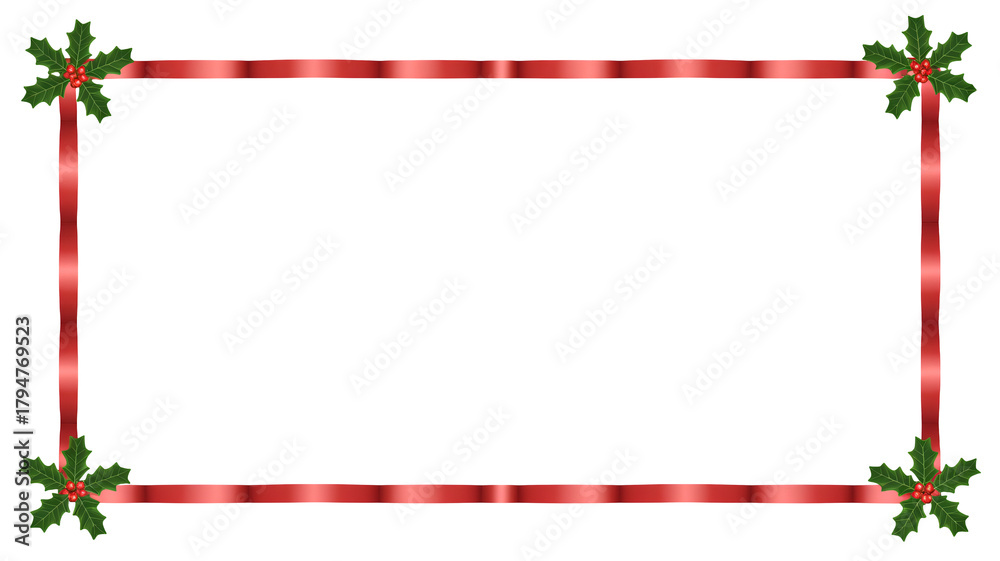 Obraz premium Elegant red ribbon frame adorned with festive holly and berries, perfect for holiday greetings and winter celebrations.