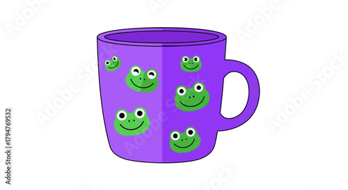 Illustration of a vibrant purple mug adorned with charming green frog faces providing a whimsical