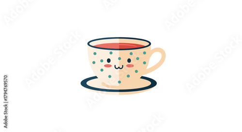 Playful teacup with a cute face and polka dots illustration with a simple background