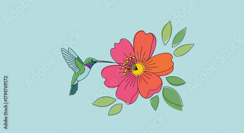 Hummingbird seeking nectar from a vibrant flower in a light pastel ambiance offering grace and