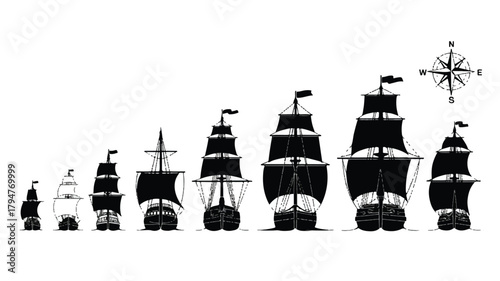 A black and white illustration of seven sailing ships arranged horizontally across the image 

