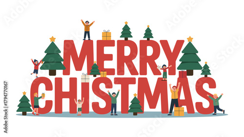 Holiday cheer: A festive scene encapsulates the spirit of the Christmas holiday with miniature people, Christmas tree and gift box. This picture illustrates a joyful and collaborative season.