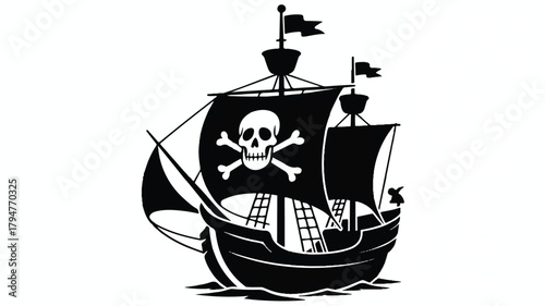 A black and white silhouette illustration of a pirate ship with a Jolly Roger flag 
