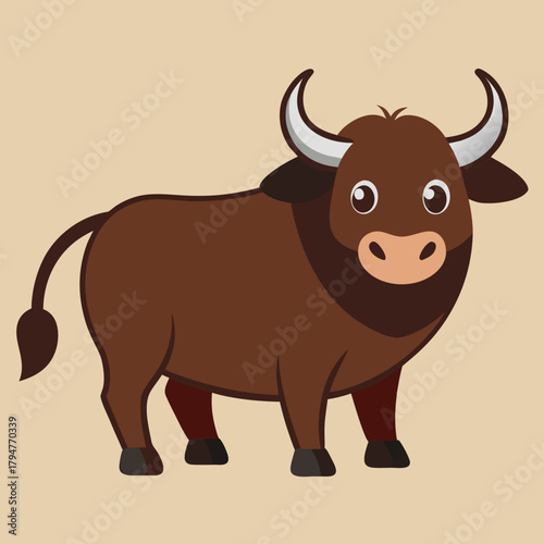 Cute cartoon brown bull with big eyes and horns standing on a beige background