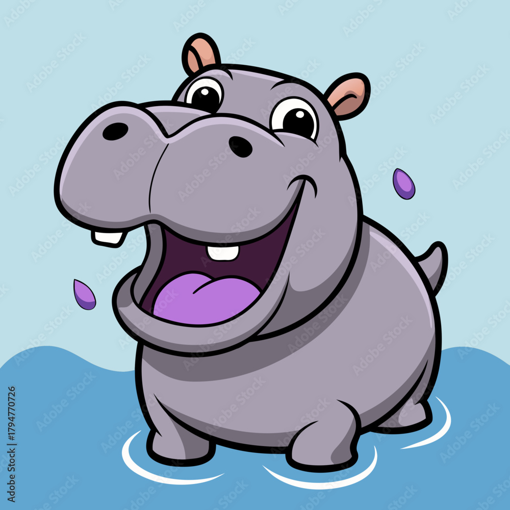 Fototapeta premium Cute cartoon hippo smiling and splashing in water