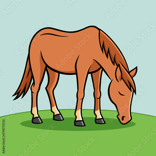 Cartoon brown horse grazing peacefully in a green field