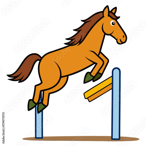 Cute cartoon horse jumping over a colorful obstacle