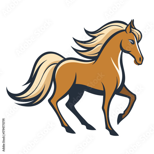 Stylized brown horse with flowing mane and tail running