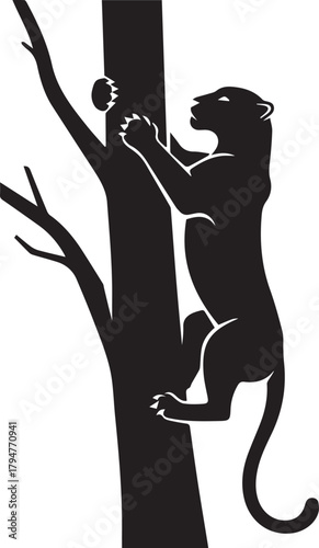 Majestic black panther silhouette climbing a tall tree trunk gracefully in the wilderness