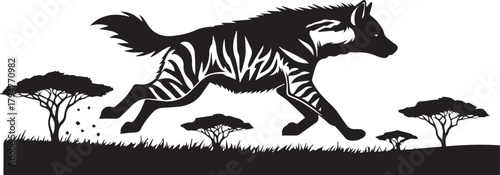 Dynamic silhouette of a running zebra in an african savanna landscape with acacia trees