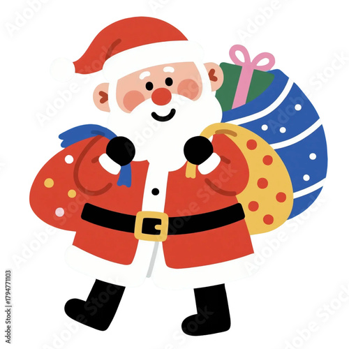 Happy Santa Claus walking and carrying two large, brightly colored sacks overflowing with Christmas presents. Cute, simple flat vector illustration