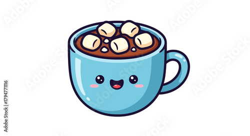 Cute blue mug filled with hot chocolate and marshmallows with a happy face illustration
