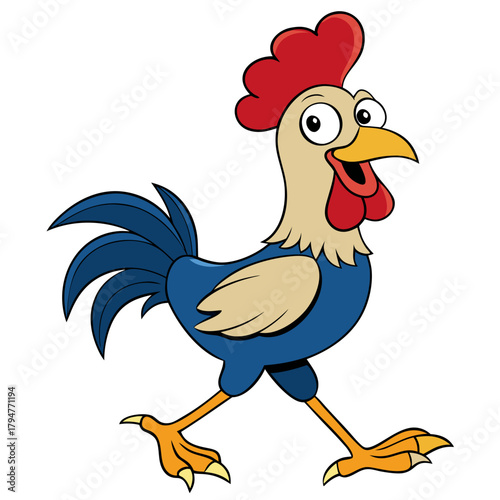 Cartoon rooster walking with a happy expression