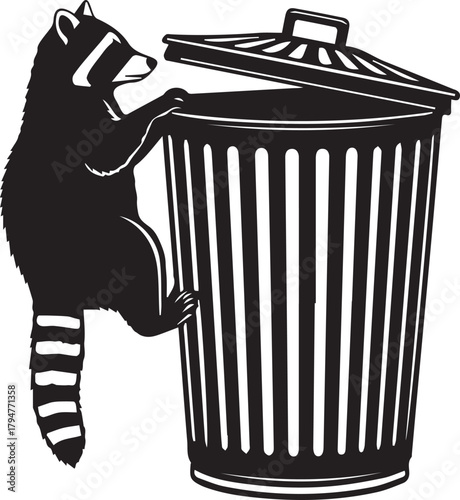 Curious raccoon climbing trash can seeking treasures in urban environment