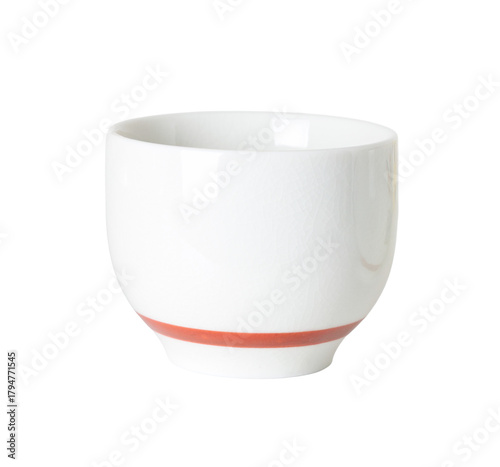 Minimalist white ceramic cup or small bowl with a single red stripe, isolated on a transparent background. Clean porcelain kitchenware is perfect for Japanese tea, sake, espresso, or as a ramekin.