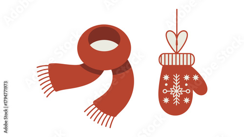 Winter Warmth Essentials: A cozy winter scene featuring a soft scarf and mitten, decorated with festive snowflakes. 
