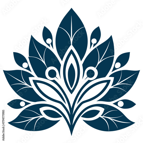 Elegant dark blue abstract floral motif with white accents