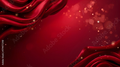Elegant red satin fabric drapes with bokeh lights create a luxurious and festive background.