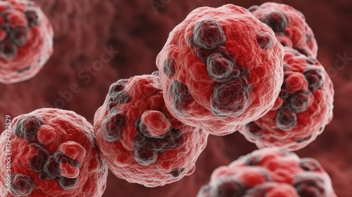 Cluster of Cancer Cells in Deep Red Visualization