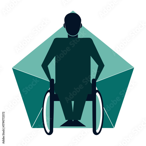 Silhouette of a person in a wheelchair within a geometric shape
