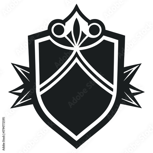 Black shield emblem with decorative elements and starbursts on white background