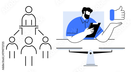 Hierarchy network structure connected to a leader combined with a virtual meeting scene featuring a professional holding a tablet and a hand showing a thumbs-up. Ideal for leadership, teamwork