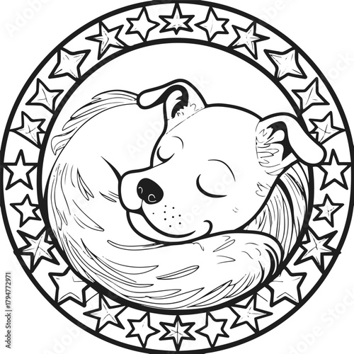 Dog sleeping inside a circular frame of stars, representing peace and loyalty, minimalist cosmic line art