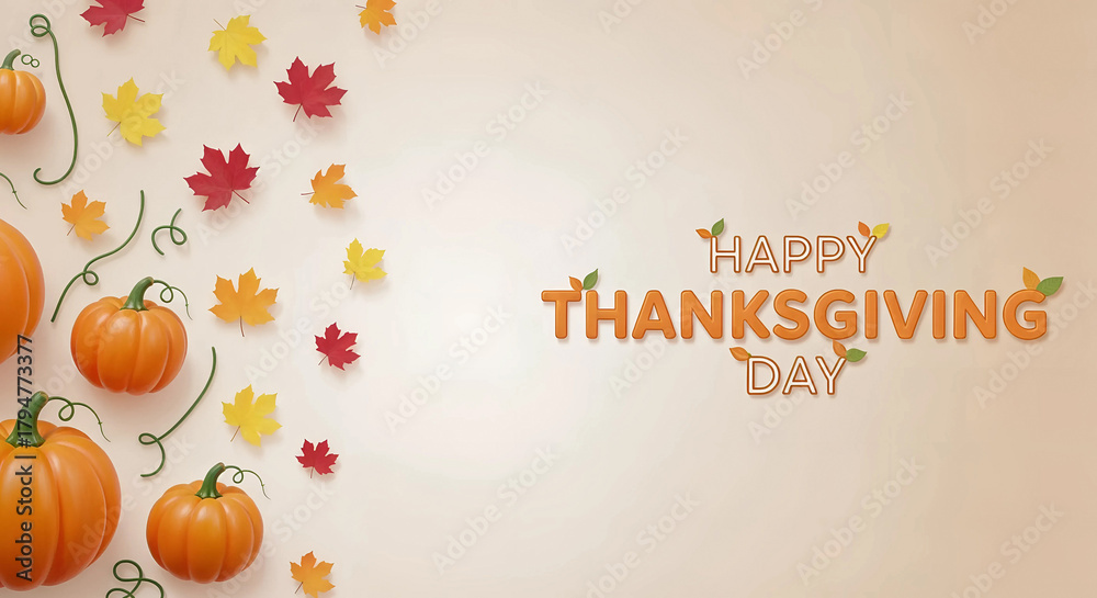Naklejka premium Happy thanksgiving day text with pumpkins and autumn leaves on a light background