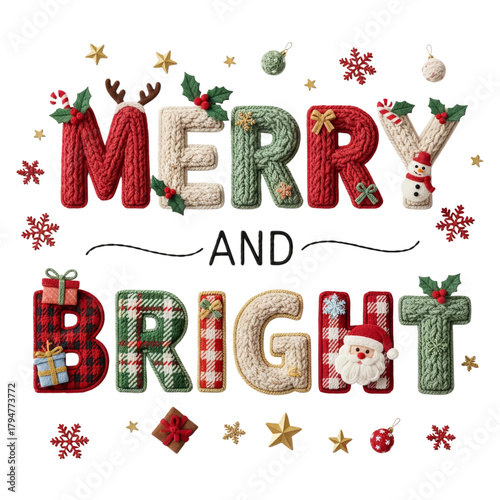 A collection of cozy faux yarn Christmas illustrations featuring chunky-knit textures and playful holiday elements. Designs include snowmen, Santa characters, bows, bells, wrapped gifts, Christmas tre