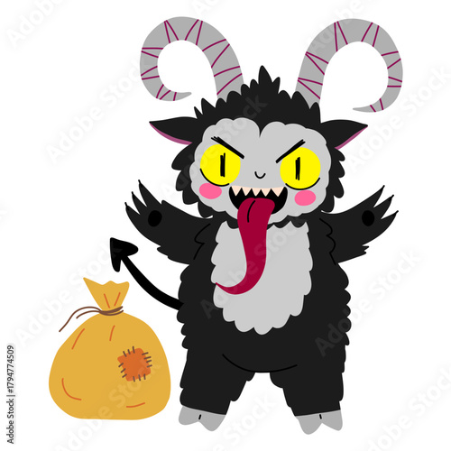 Krampus character with bag. Cute cartoon Christmas Krampus Goat devil illustration. Stock hand drawn vector illustration isolated on white background.