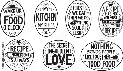 Black and White Vector Kitchen Quotes Set for Wall Art and Cooking Typography Design Elements
