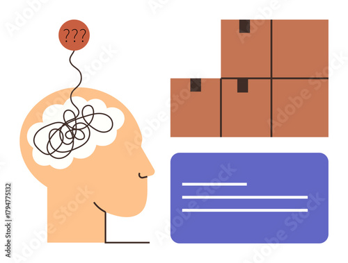 Human head with tangled thoughts, red question mark balloon, stacked boxes, and blue text rectangle. Ideal for problem-solving, mental clarity, organization, decision-making, productivity strategy