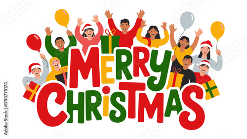 Joyful Christmas Gathering: A festive group of individuals, embracing the spirit of Christmas, gather to celebrate with open arms and joyful smiles, surrounded by gifts and balloons.