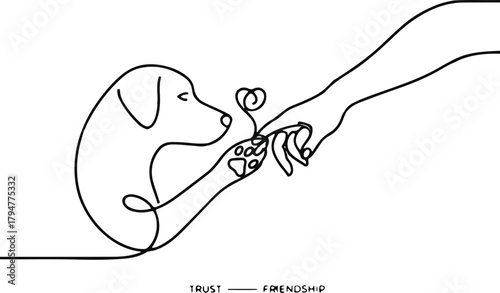 Dog and human hand connecting in one continuous line, symbol of trust and friendship, minimalist concept art