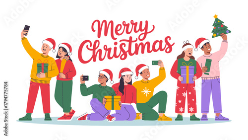 Joyful Christmas Gathering: A festive group of individuals, adorned in Santa hats, come together to capture the spirit of the season through a selfie session, and sharing gifts.