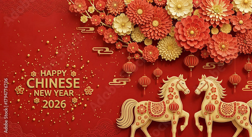 Happy chinese new year 2026 greeting with two horses and floral decoration on red background