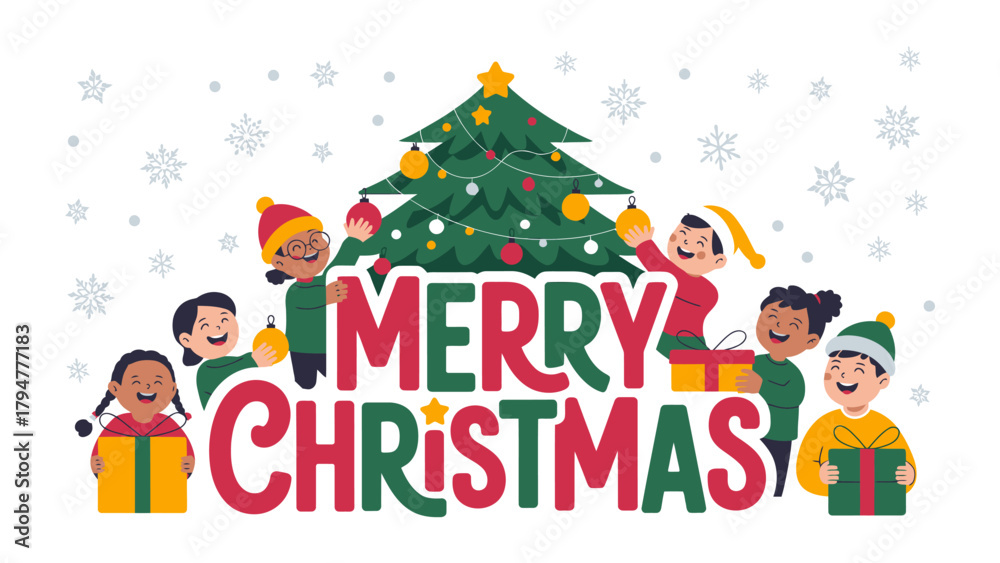 Fototapeta premium Christmas Cheer: A vibrant illustration captures the magic of the holiday season, with a decorated tree and children filled with merriment, gift and the word Merry Christmas. 