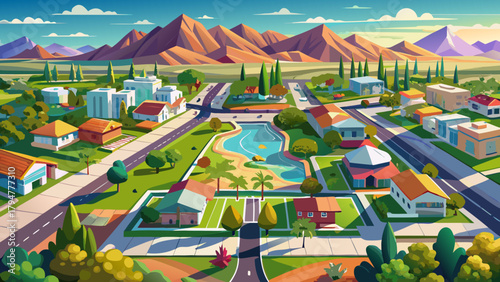 Very beautiful aerial view of a residential neighborhood with green parks and mountain views in Las Vegas, Nevada, USA, featuring tree-lined streets, open recreational spaces, and the desert mountains