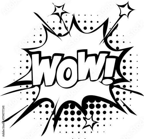 Wow comic book speech bubble pop art style illustration. Black and white vector graphic for expressing surprise and excitement with halftone effect