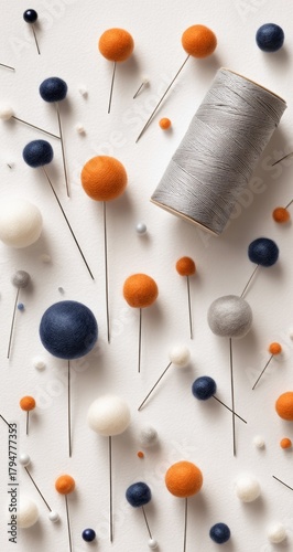 Assortment of colorful pins and spool on a white surface, overhead view