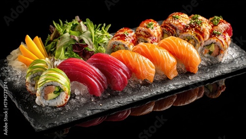 Assortment of colorful sushi rolls and nigiri on a dark slate