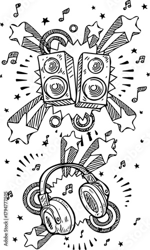 Musical Celebration Speakers and Headphones Doodle in Starry Radiance