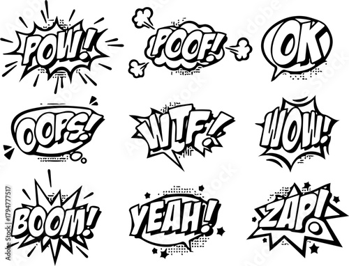 Comic Book Sound Effects in Black and White Dynamic Text Bubbles for Visual Impact