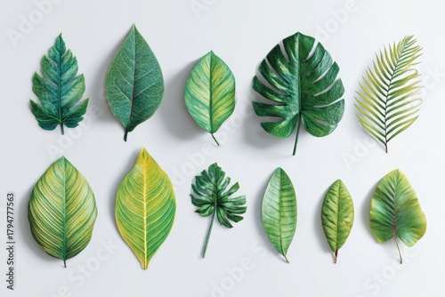Assortment of diverse green leaves arranged on a white background (1)