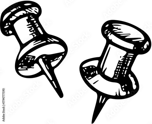 Two thumbtacks illustrated in a sketch style, perfect for office supplies or creative projects