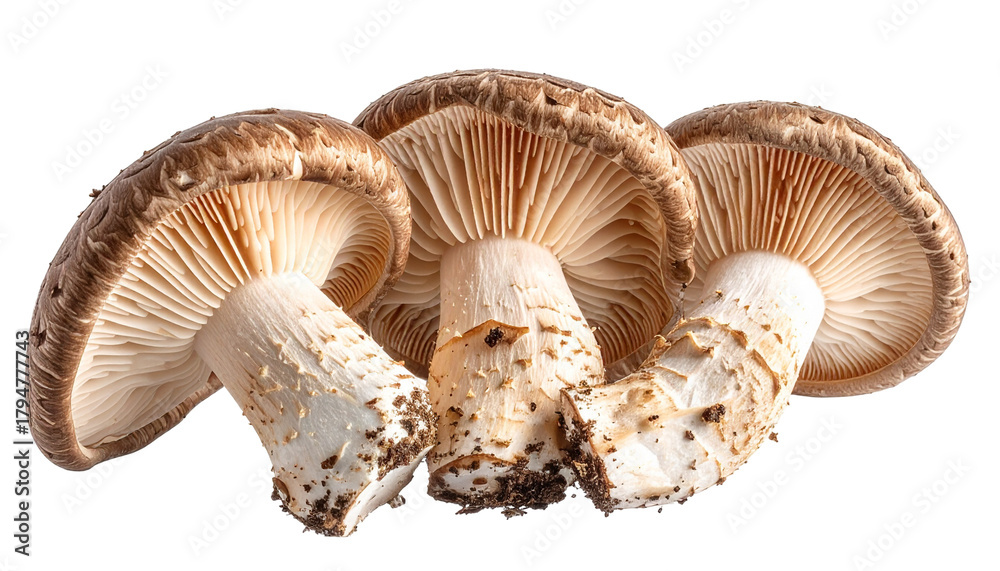Fototapeta premium Three brown mushrooms, showing gills and stems, against a black background