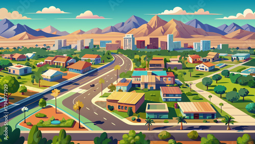 Very beautiful aerial view of a residential neighborhood with green parks and mountain views in Las Vegas, Nevada, USA, featuring tree-lined streets, open recreational spaces, and the desert mountains