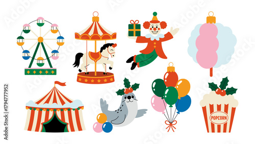 Carnival and Circus Fun: A vibrant illustration showcasing classic carnival and circus elements, including a Ferris wheel, carousel, clown, circus tent, and balloons.