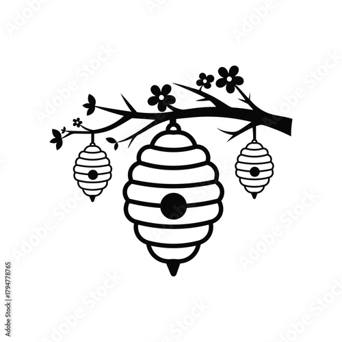 bee hive vector illustration on tree branch with flowers